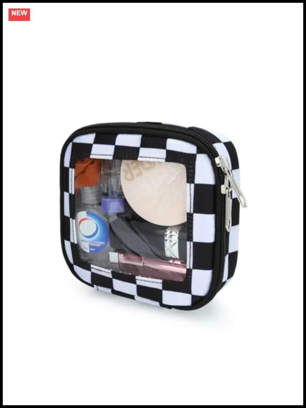 Mini Clear Checkered Makeup Bag - Water-Resistant Nylon Cosmetic Pouch Travel